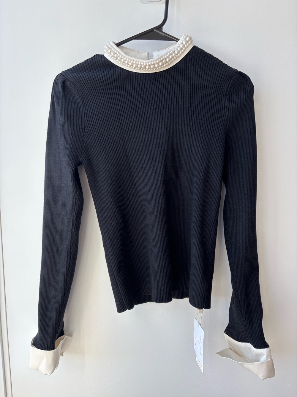 Commense Pearl Collar Ribbed Long Sleeve Top Black & White NWT